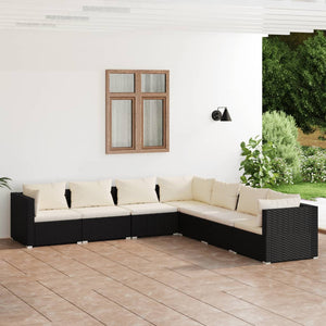 7-tlg. Garten-Lounge-Set mit Kissen Poly Rattan Schwarz