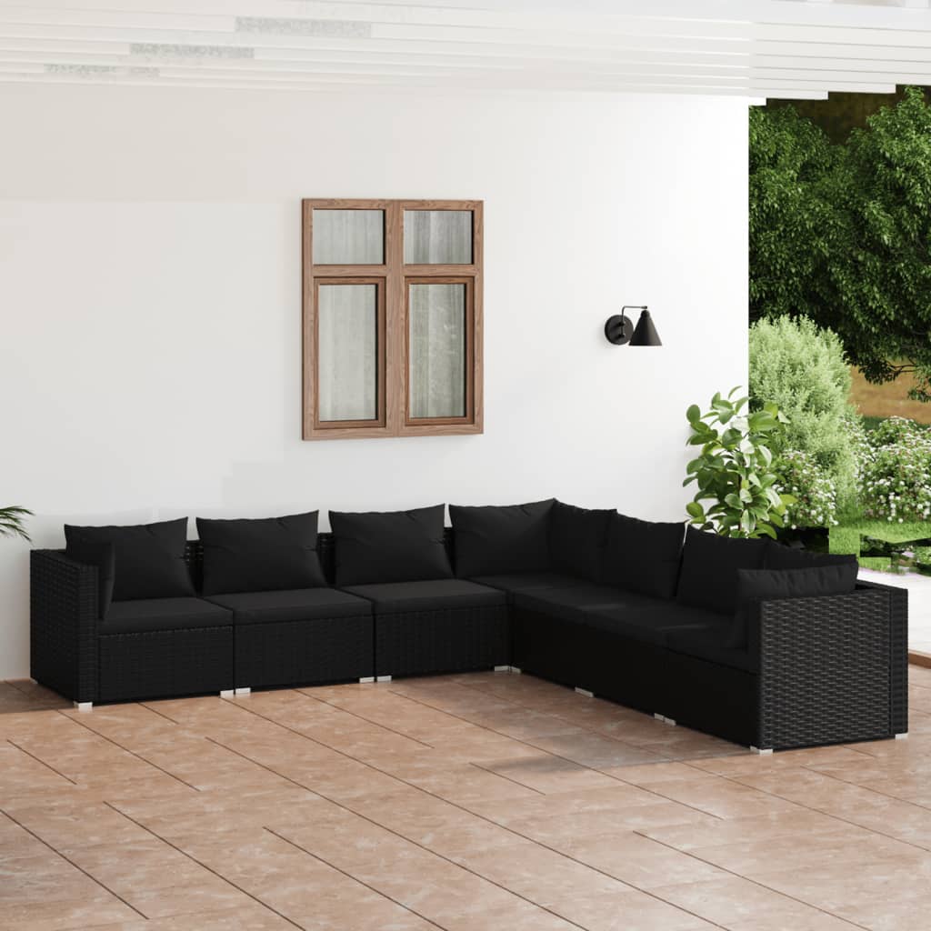 7-tlg. Garten-Lounge-Set mit Kissen Poly Rattan Schwarz