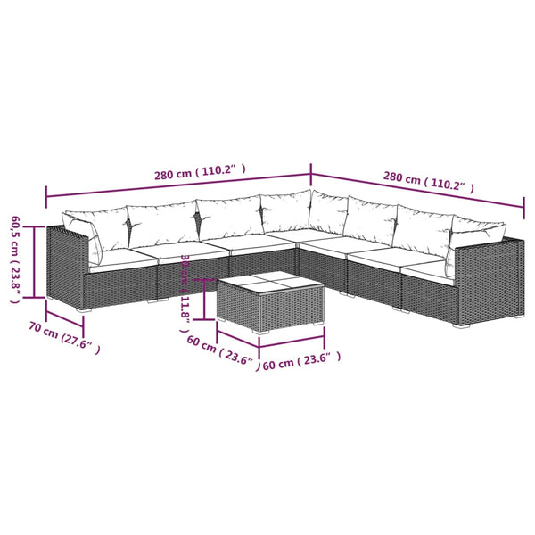 8-tlg. Garten-Lounge-Set mit Kissen Poly Rattan Braun