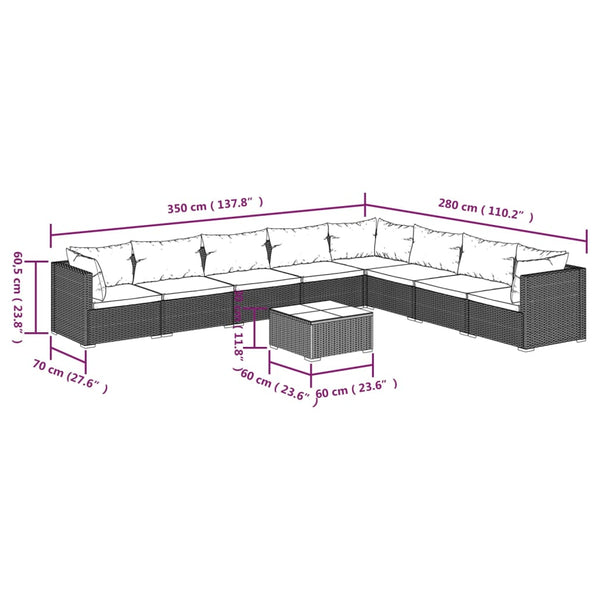 9-tlg. Garten-Lounge-Set mit Kissen Poly Rattan Schwarz