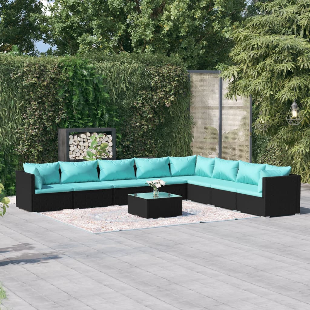 9-tlg. Garten-Lounge-Set mit Kissen Poly Rattan Schwarz