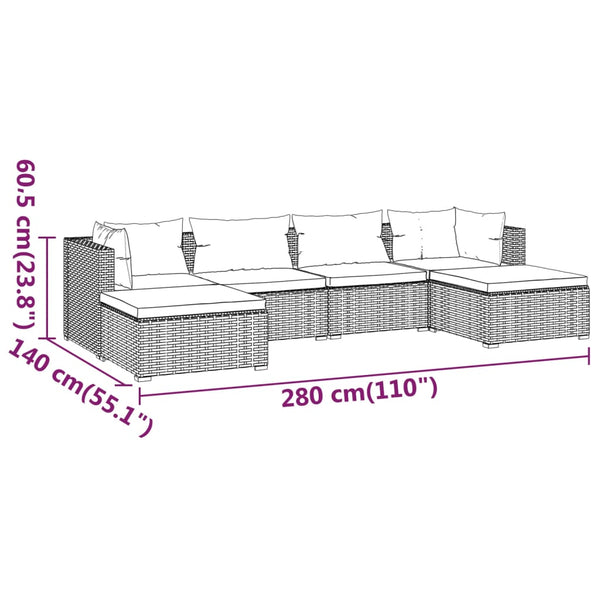 6-tlg. Garten-Lounge-Set mit Kissen Poly Rattan Braun
