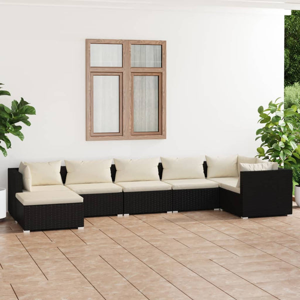 7-tlg. Garten-Lounge-Set mit Kissen Poly Rattan Schwarz