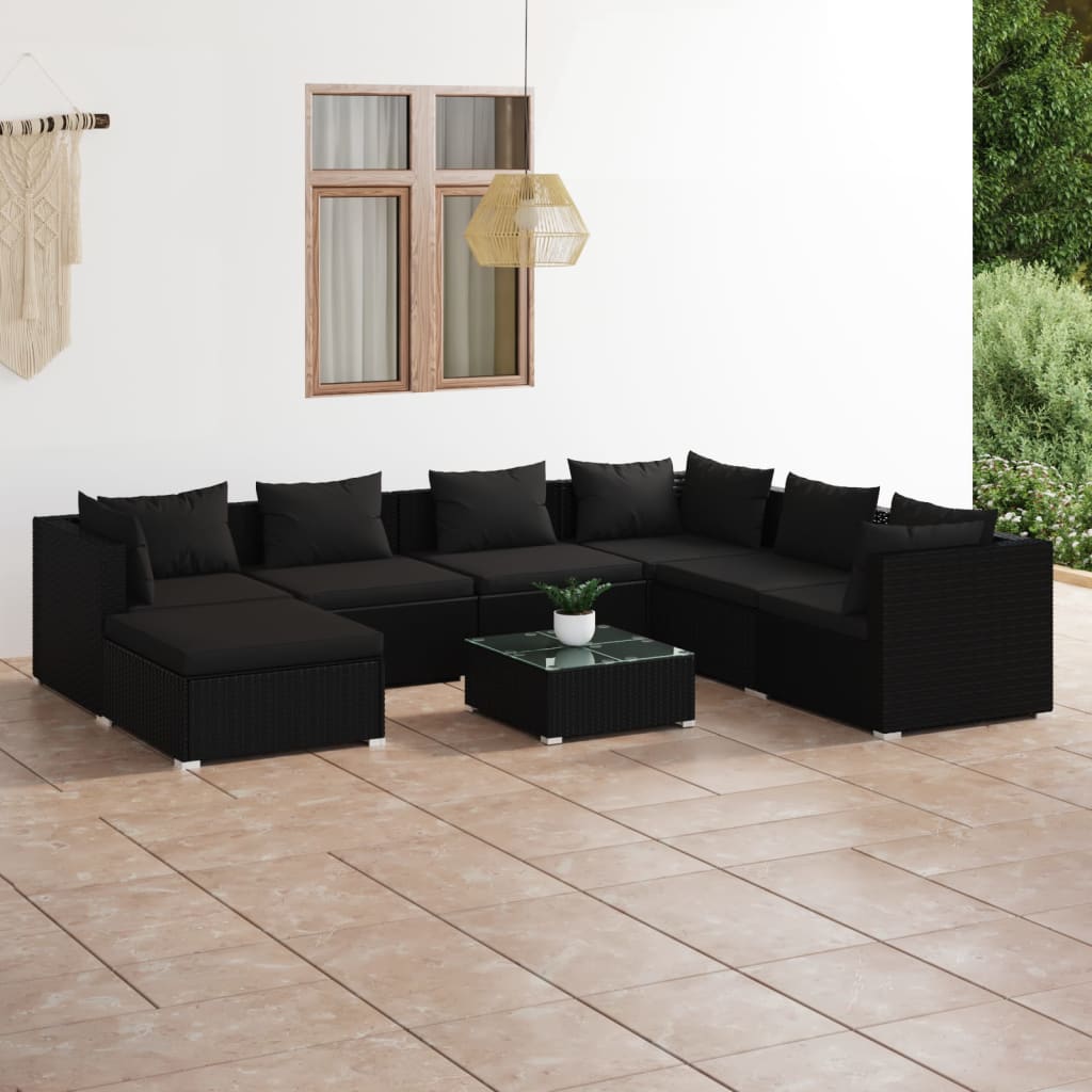 vidaXL 8-piece Garden Lounge Set with Cushions Poly Rattan Black