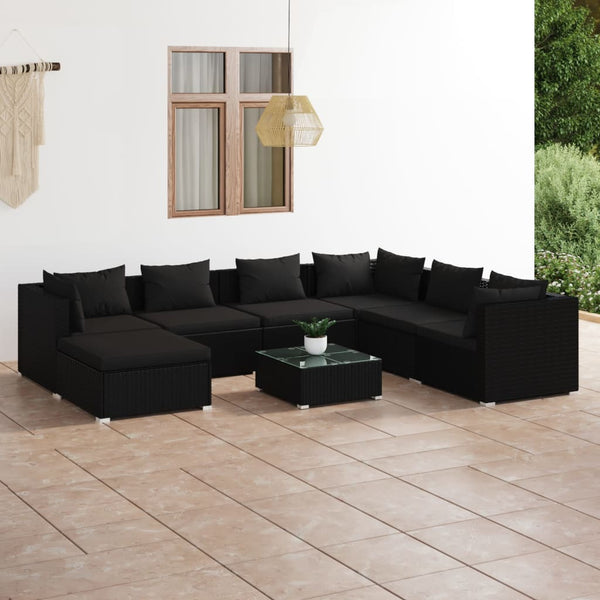 vidaXL 8-piece Garden Lounge Set with Cushions Poly Rattan Black