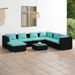 vidaXL 8-piece Garden Lounge Set with Cushions Poly Rattan Black