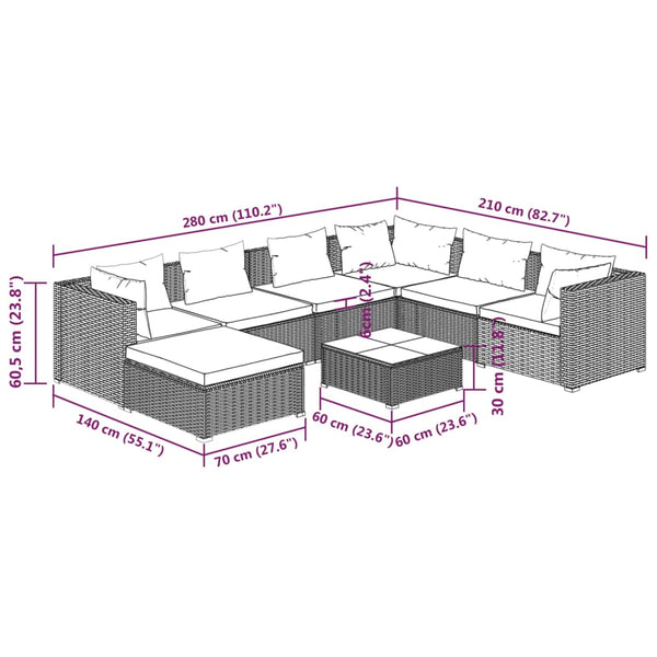 vidaXL 8-Piece Garden Lounge Set with Cushions Poly Rattan Brown