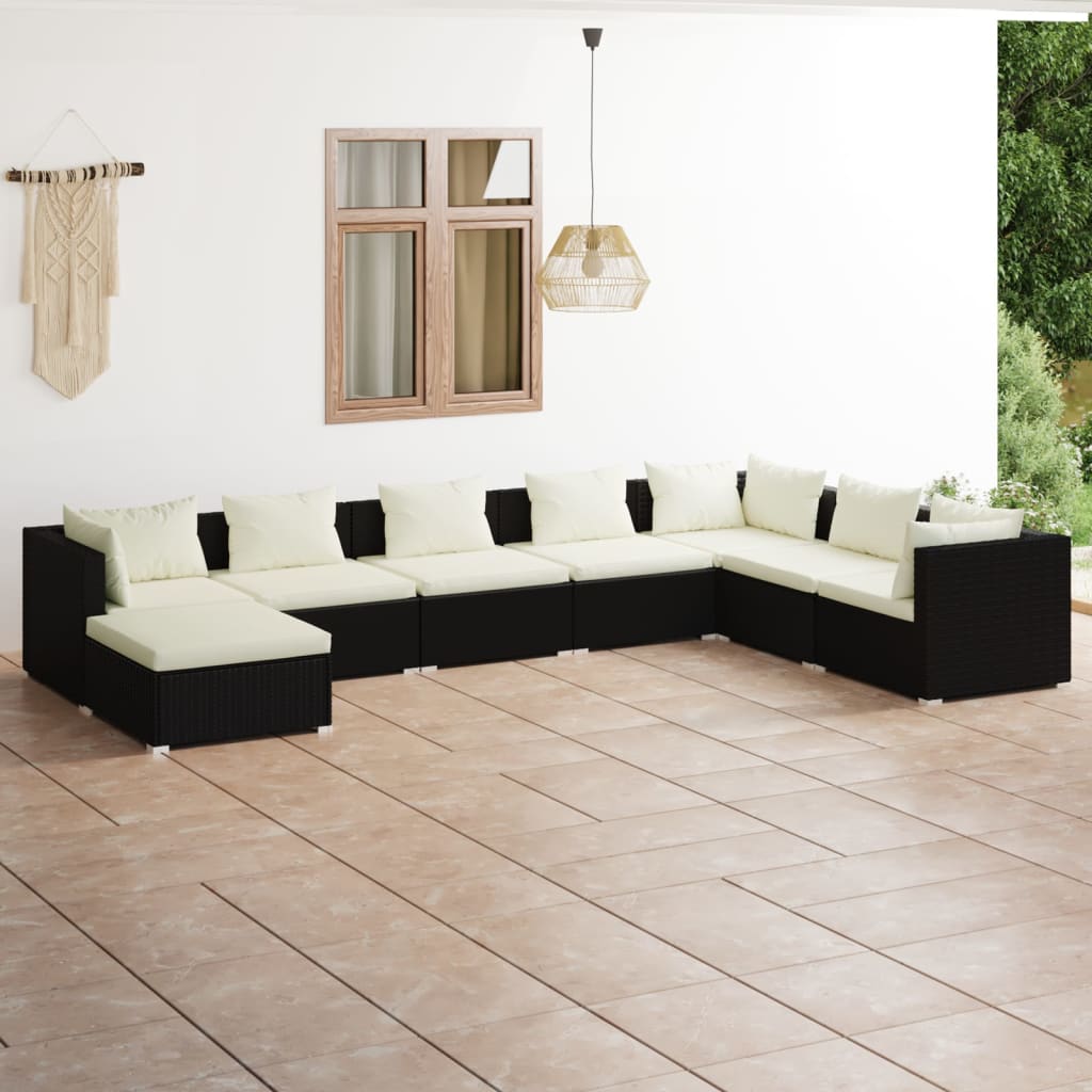vidaXL 8-piece Garden Lounge Set with Cushions Poly Rattan Black