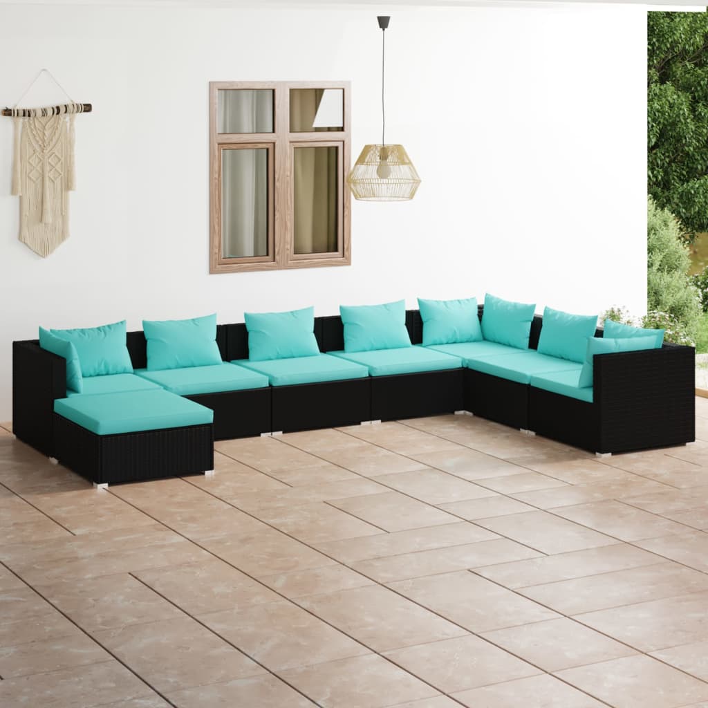 vidaXL 8-piece Garden Lounge Set with Cushions Poly Rattan Black
