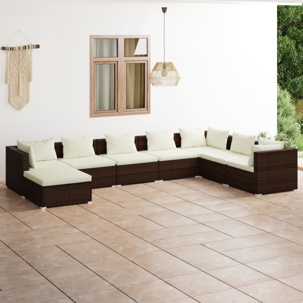 vidaXL 8-Piece Garden Lounge Set with Cushions Poly Rattan Brown