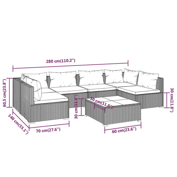 vidaXL 7-Piece Garden Lounge Set with Cushions Poly Rattan Brown