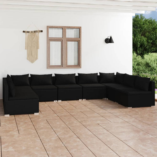 9-tlg. Garten-Lounge-Set mit Kissen Poly Rattan Schwarz