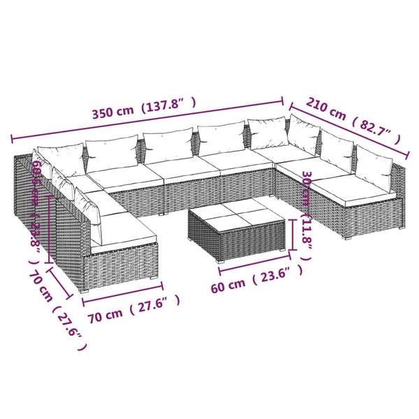 10-tlg. Garten-Lounge-Set mit Kissen Poly Rattan Schwarz