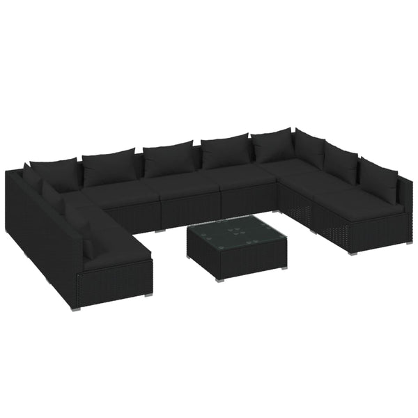 10-tlg. Garten-Lounge-Set mit Kissen Poly Rattan Schwarz