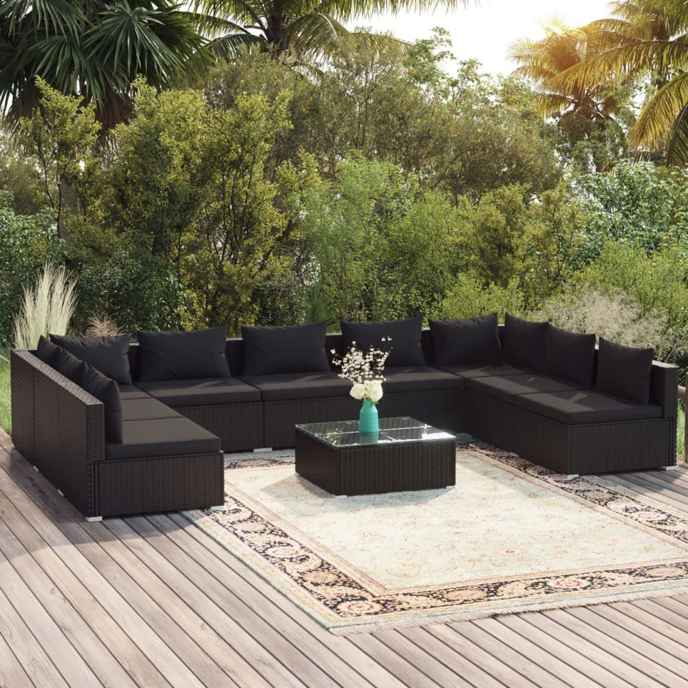 10-tlg. Garten-Lounge-Set mit Kissen Poly Rattan Schwarz