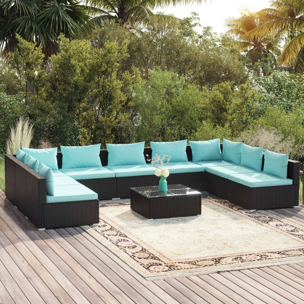 10-tlg. Garten-Lounge-Set mit Kissen Poly Rattan Schwarz
