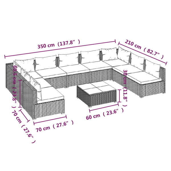 10-tlg. Garten-Lounge-Set mit Kissen Poly Rattan Braun
