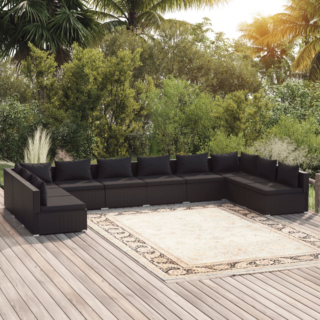 10-tlg. Garten-Lounge-Set mit Kissen Poly Rattan Schwarz