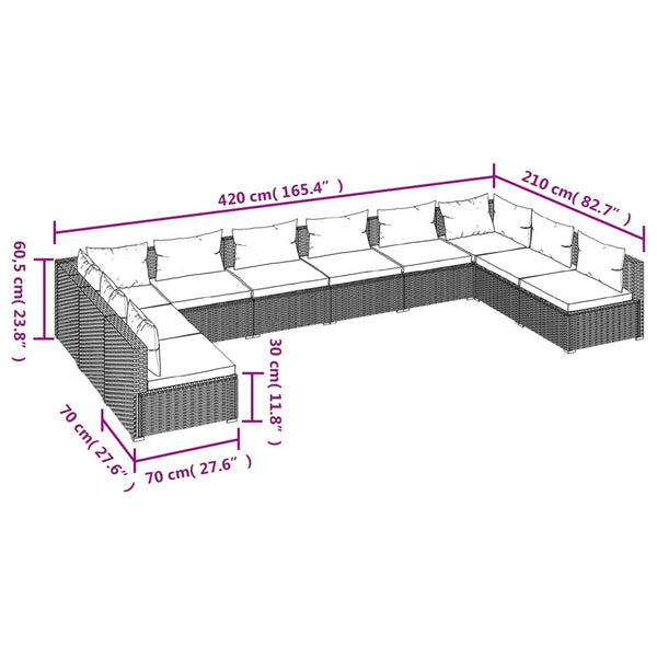 10-tlg. Garten-Lounge-Set mit Kissen Poly Rattan Grau