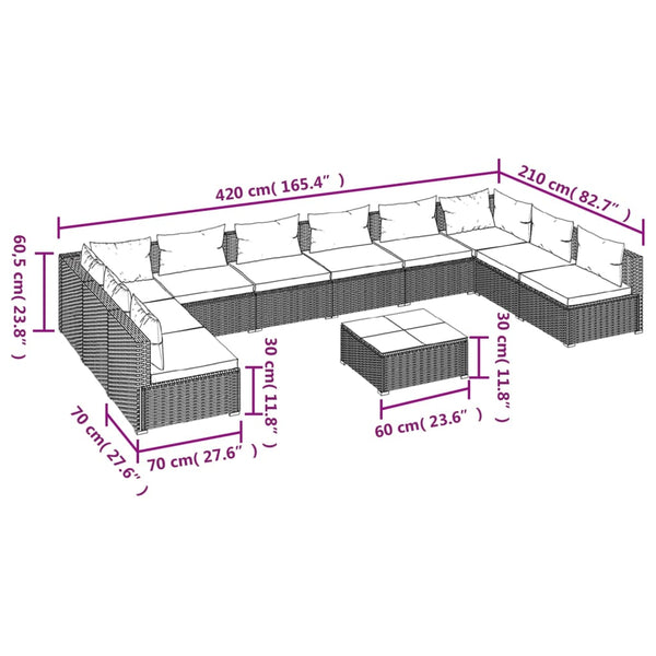 11-tlg. Garten-Lounge-Set mit Kissen Poly Rattan Schwarz
