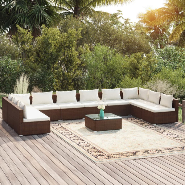 11-tlg. Garten-Lounge-Set mit Kissen Poly Rattan Braun