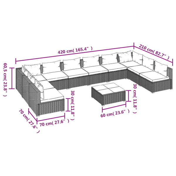 11-tlg. Garten-Lounge-Set mit Kissen Poly Rattan Braun