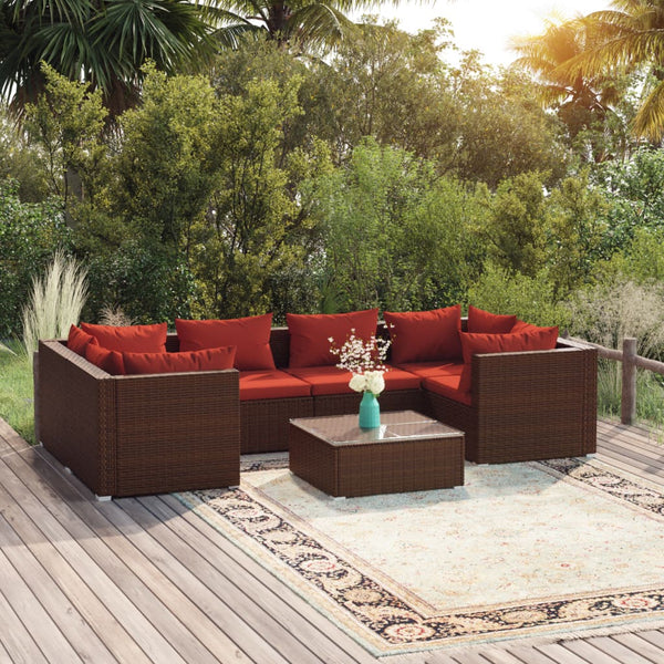 vidaXL 7-Piece Garden Lounge Set with Cushions Poly Rattan Brown