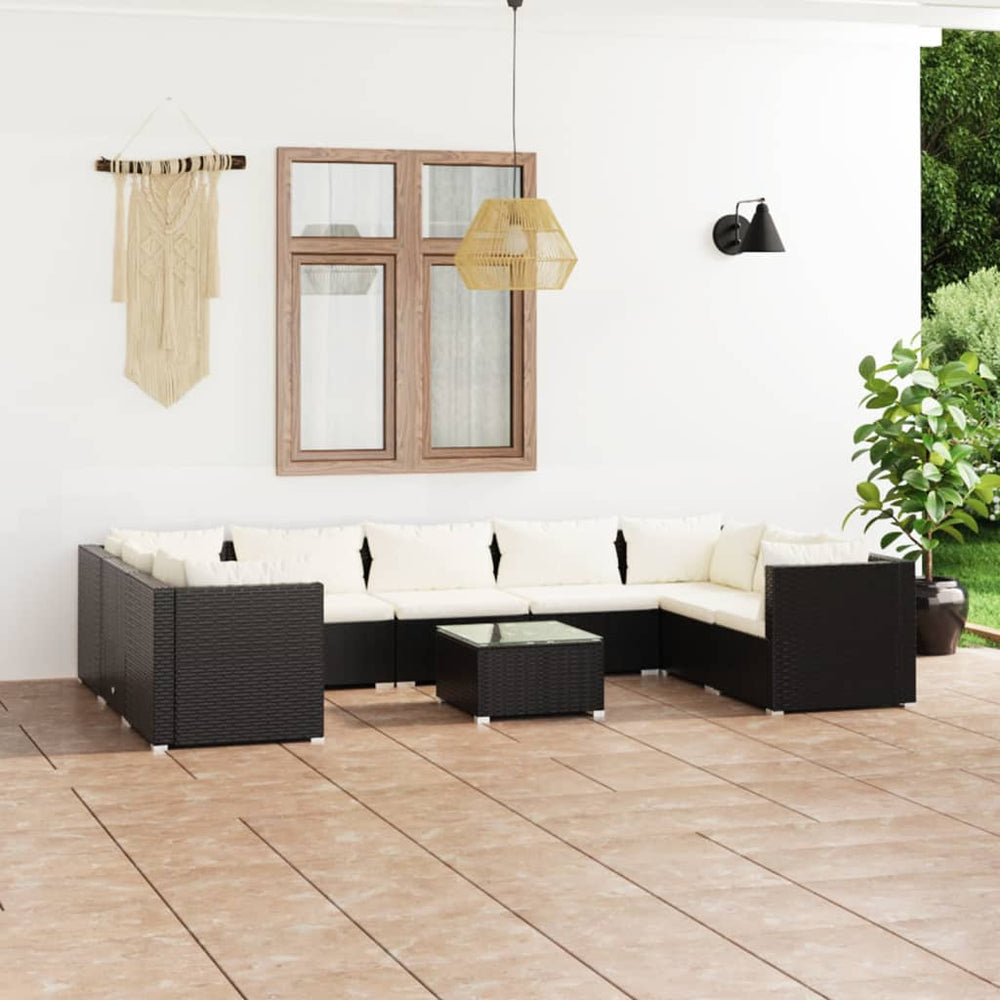 vidaXL 10-piece Garden Lounge Set with Cushions Poly Rattan Black
