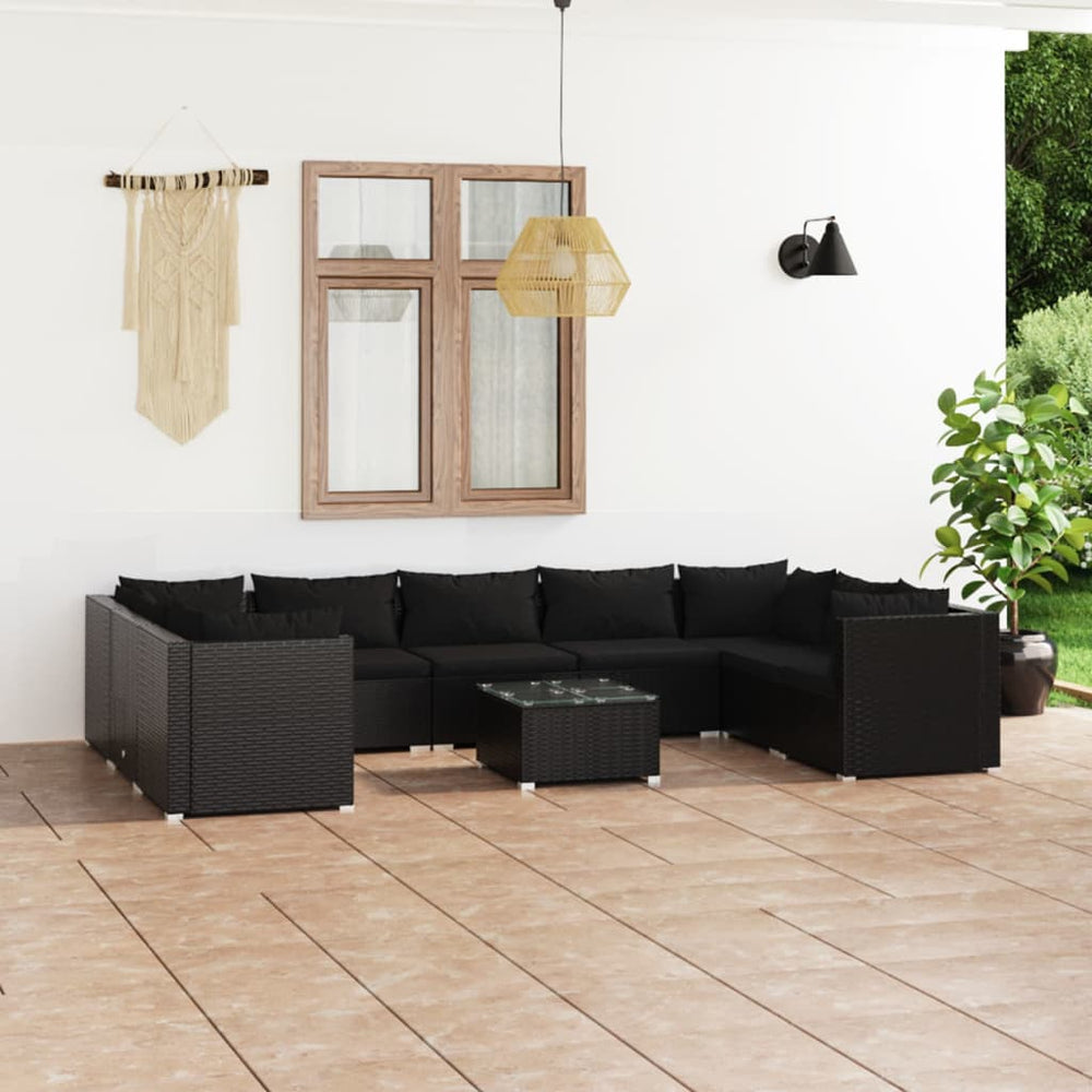 vidaXL 10-piece Garden Lounge Set with Cushions Poly Rattan Black
