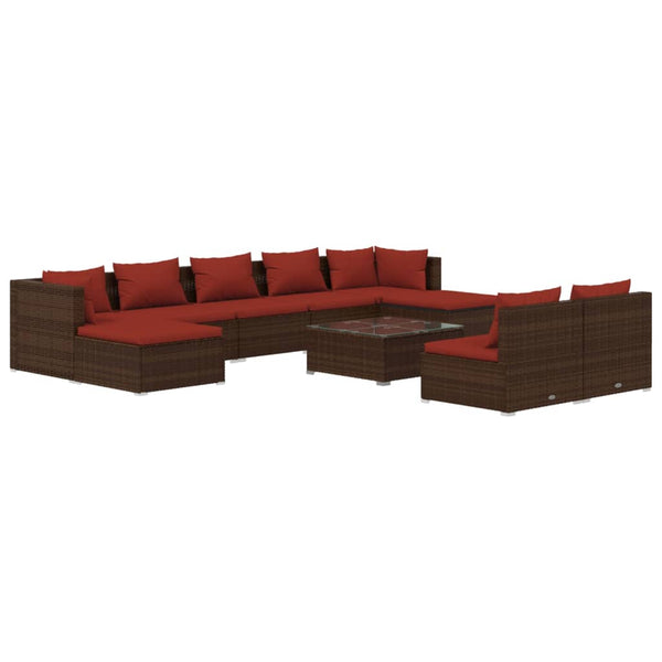 vidaXL 10-pc. Garden Lounge Set with Cushions Brown Poly Rattan