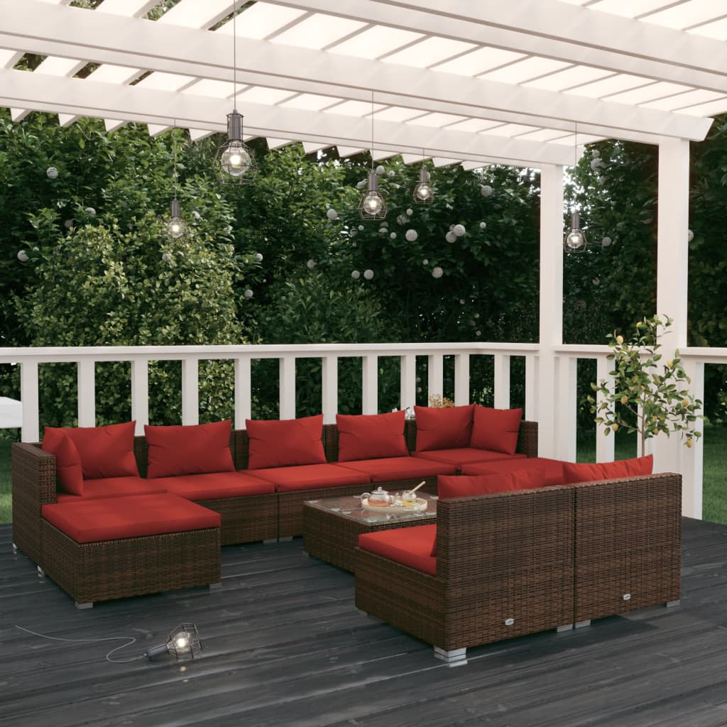 vidaXL 10-pc. Garden Lounge Set with Cushions Brown Poly Rattan