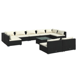 vidaXL 10-Piece Garden Lounge Set with Cushions Black Poly Rattan