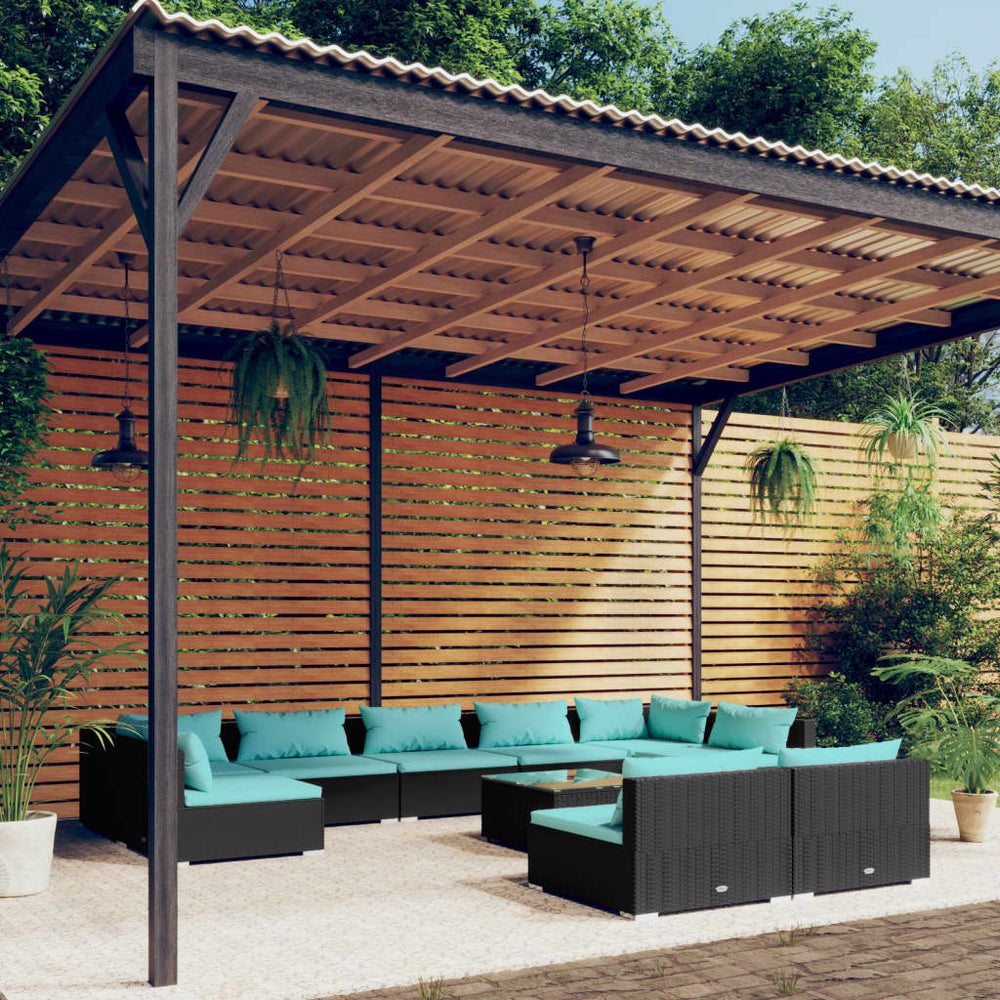 vidaXL 10-Piece Garden Lounge Set with Cushions Black Poly Rattan