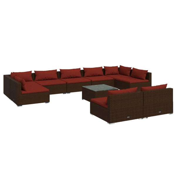 vidaXL 10-pc. Garden Lounge Set with Cushions Brown Poly Rattan