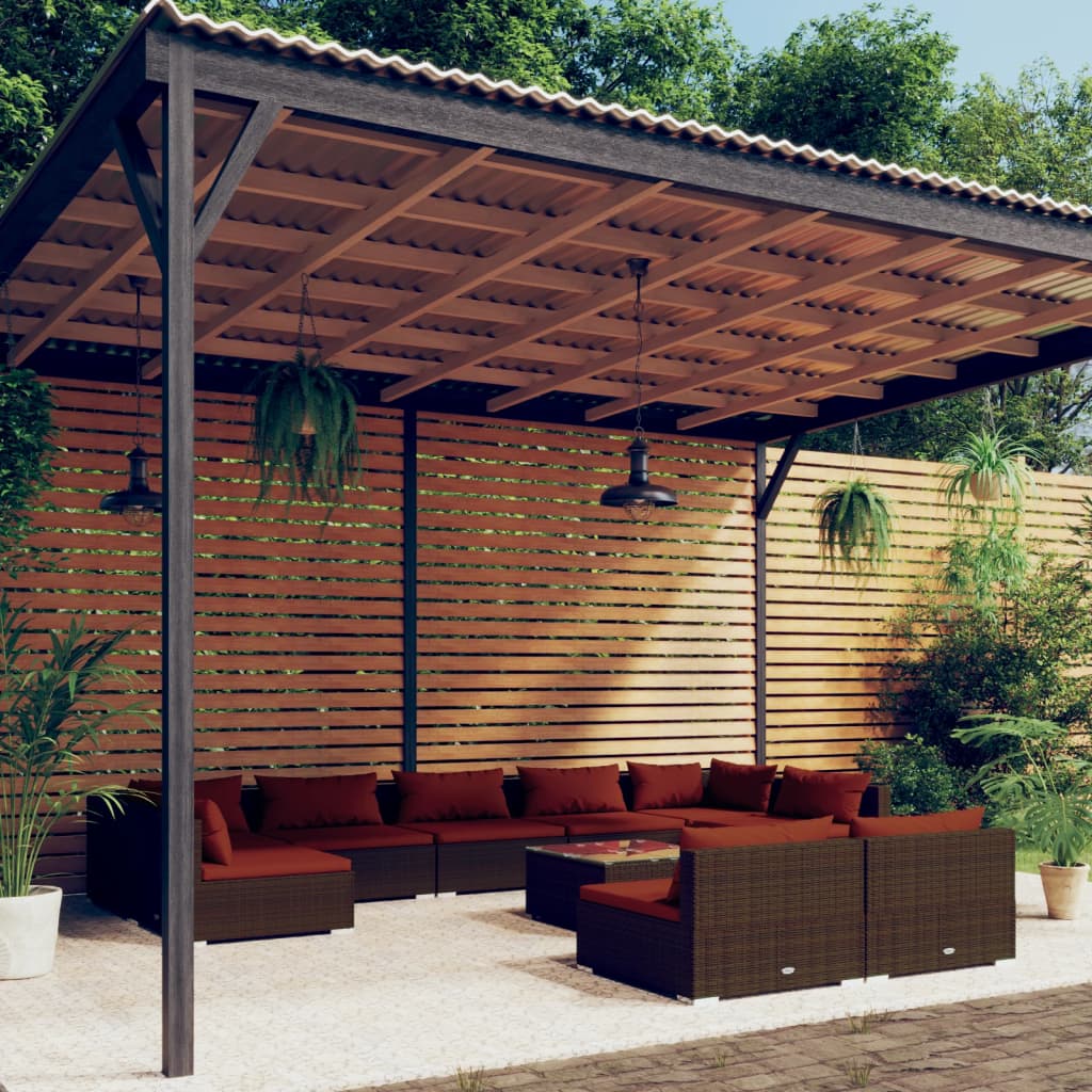 vidaXL 10-pc. Garden Lounge Set with Cushions Brown Poly Rattan
