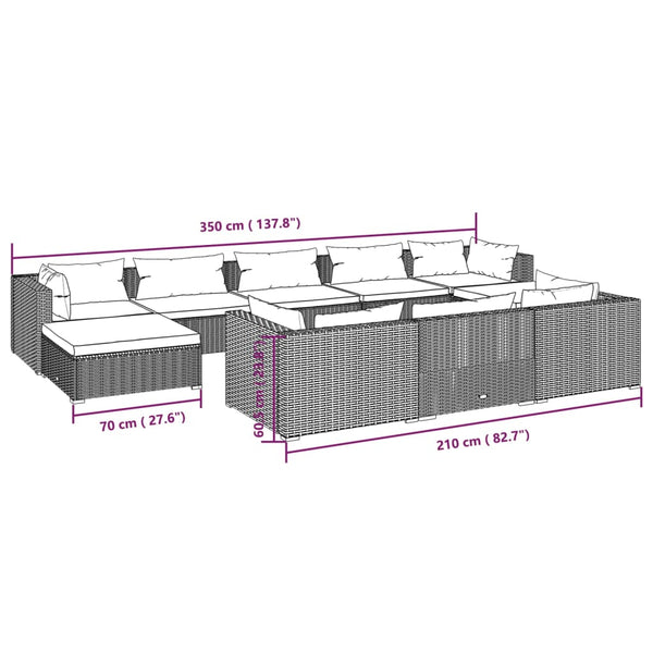 vidaXL 10-pc. Garden Lounge Set with Cushions Brown Poly Rattan