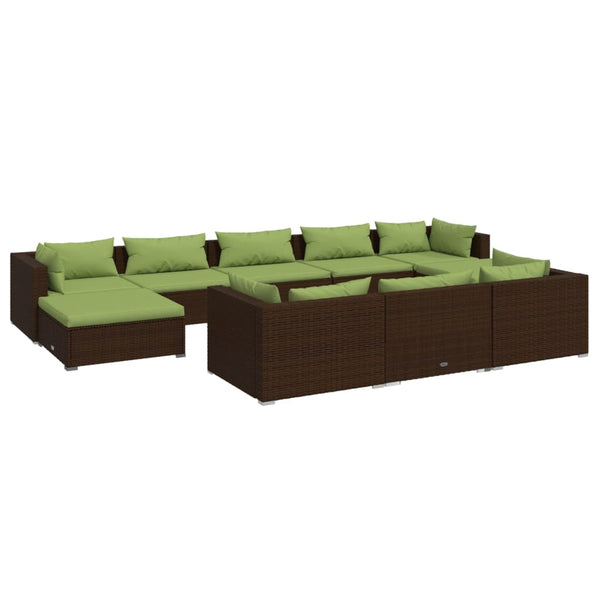 vidaXL 10-pc. Garden Lounge Set with Cushions Brown Poly Rattan