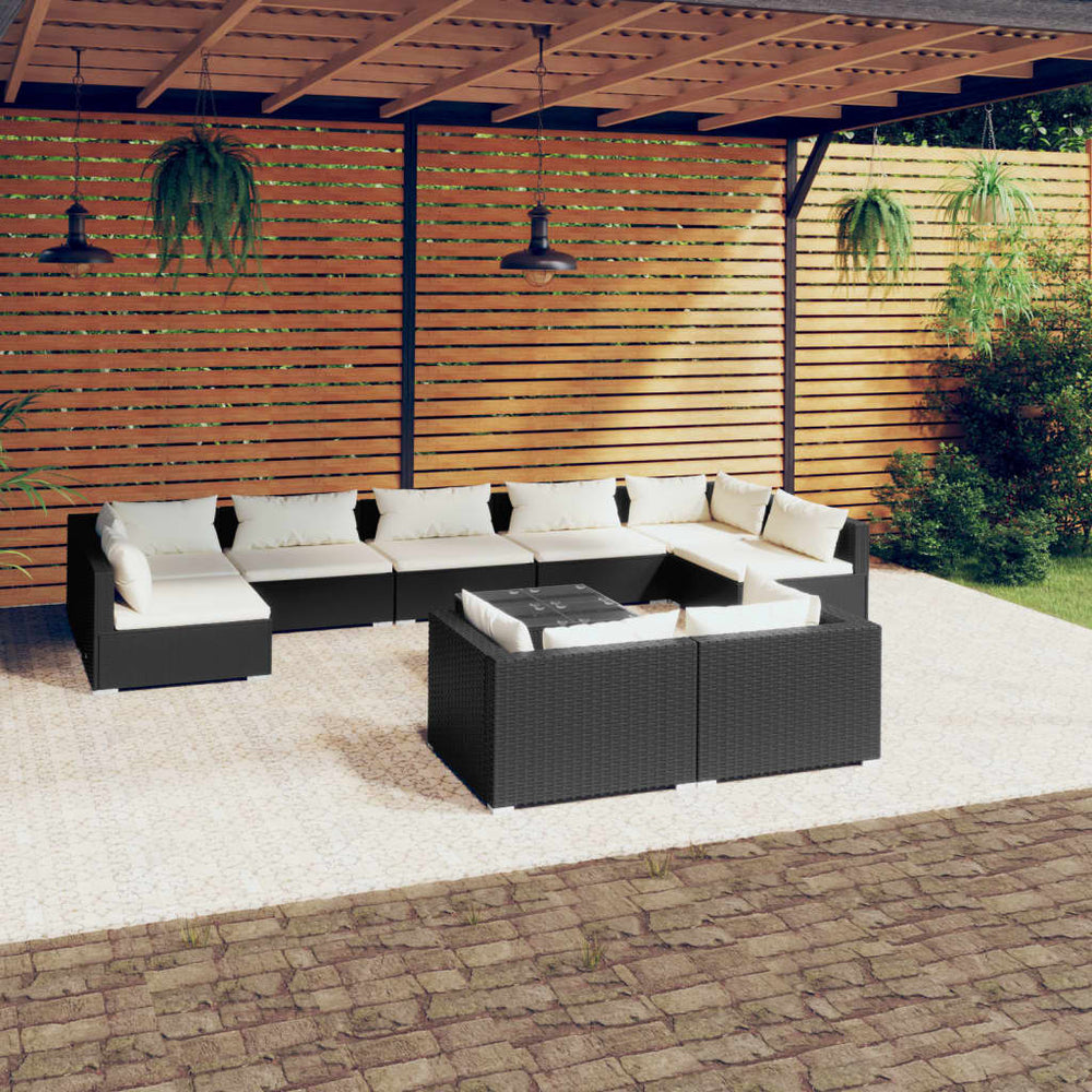 vidaXL 10-Piece Garden Lounge Set with Cushions Black Poly Rattan