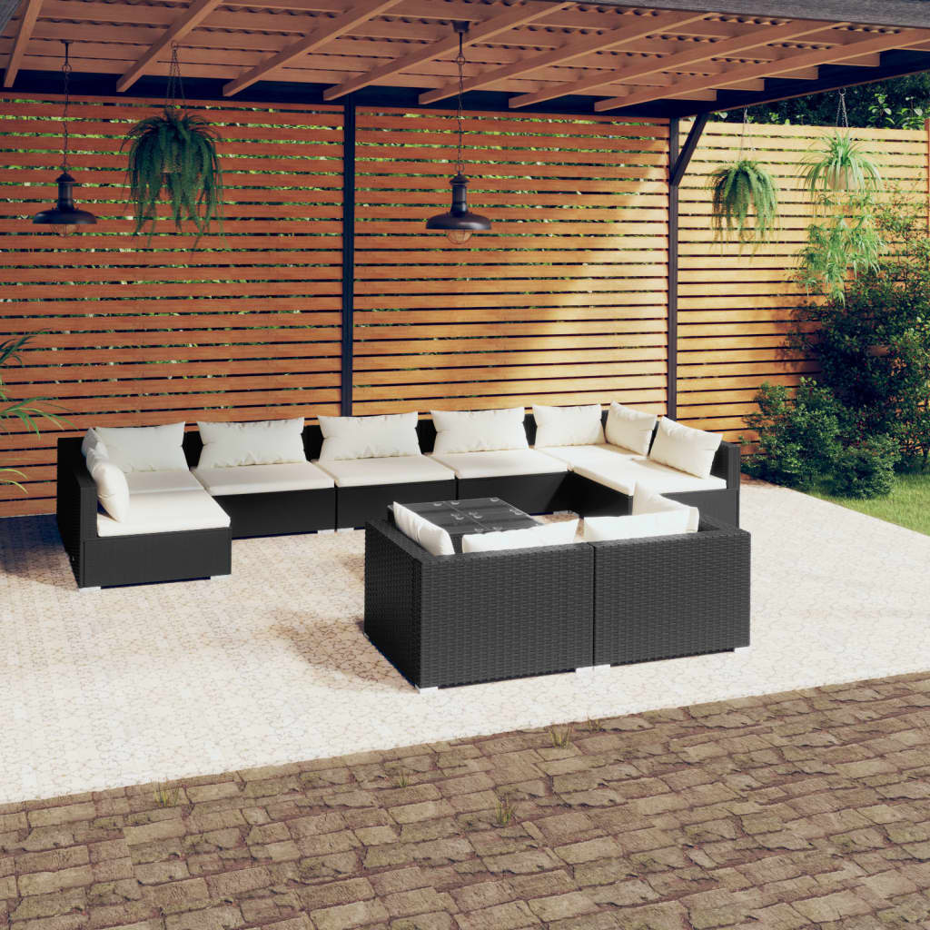 vidaXL 10-Piece Garden Lounge Set with Cushions Black Poly Rattan