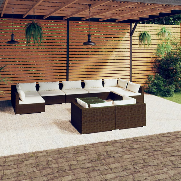 vidaXL 10-pc. Garden Lounge Set with Cushions Brown Poly Rattan