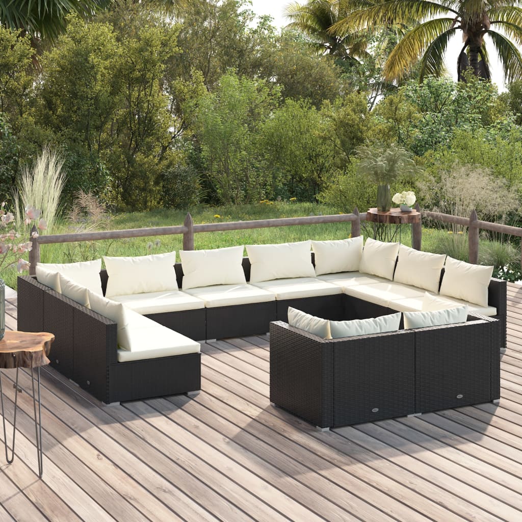 vidaXL 11-Piece Garden Lounge Set with Cushions Black Poly Rattan