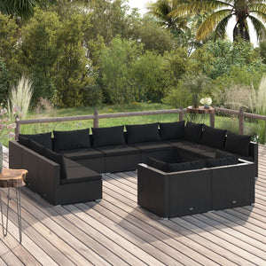 vidaXL 11-Piece Garden Lounge Set with Cushions Black Poly Rattan