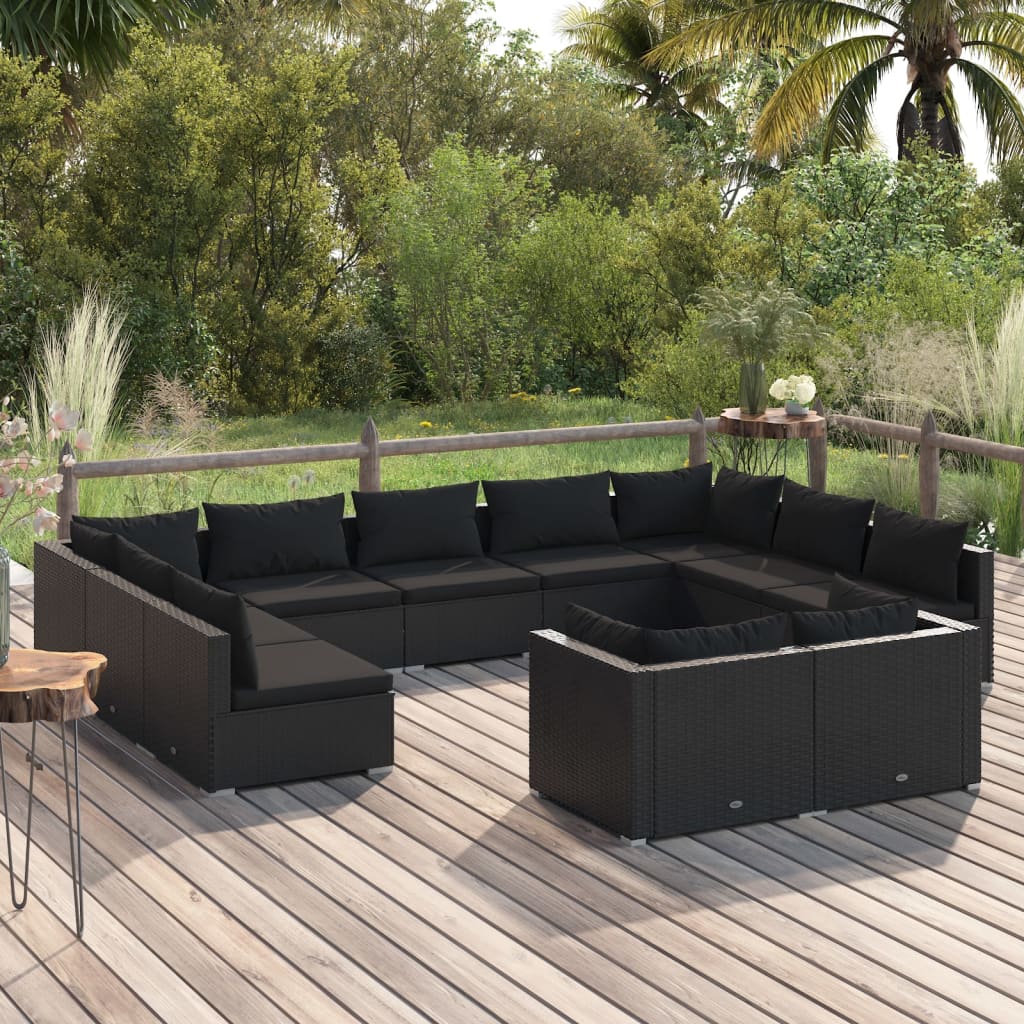 vidaXL 11-Piece Garden Lounge Set with Cushions Black Poly Rattan