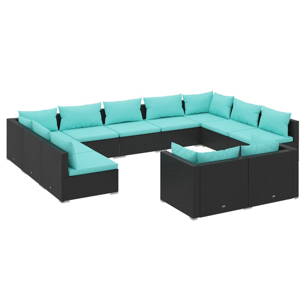 vidaXL 11-Piece Garden Lounge Set with Cushions Black Poly Rattan