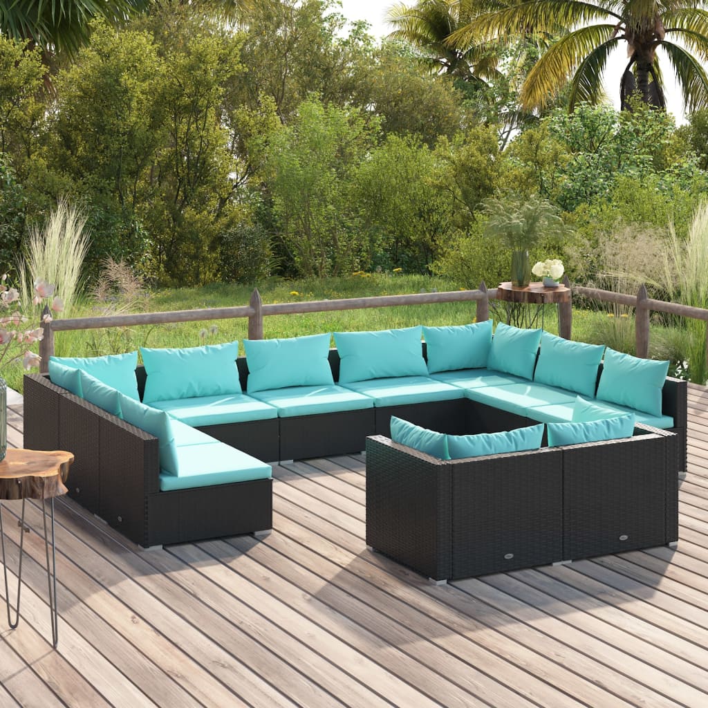 vidaXL 11-Piece Garden Lounge Set with Cushions Black Poly Rattan