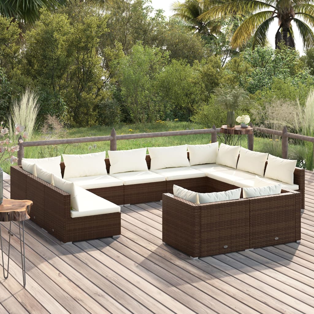 vidaXL 11-Piece Garden Lounge Set with Cushions Brown Poly Rattan