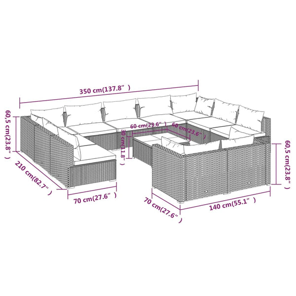 vidaXL 12-Piece Garden Lounge Set with Cushions Black Poly Rattan
