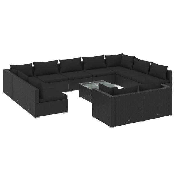 vidaXL 12-Piece Garden Lounge Set with Cushions Black Poly Rattan