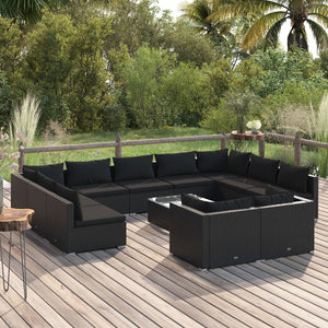vidaXL 12-Piece Garden Lounge Set with Cushions Black Poly Rattan