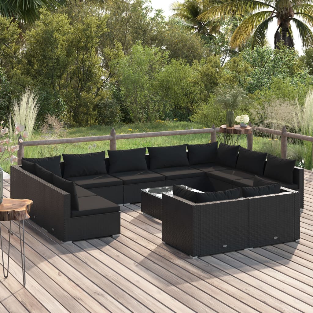 vidaXL 12-Piece Garden Lounge Set with Cushions Black Poly Rattan